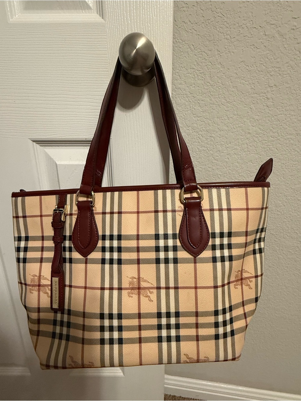 Burberry Beige Plaid Tote with Burgundy Leather Trim
